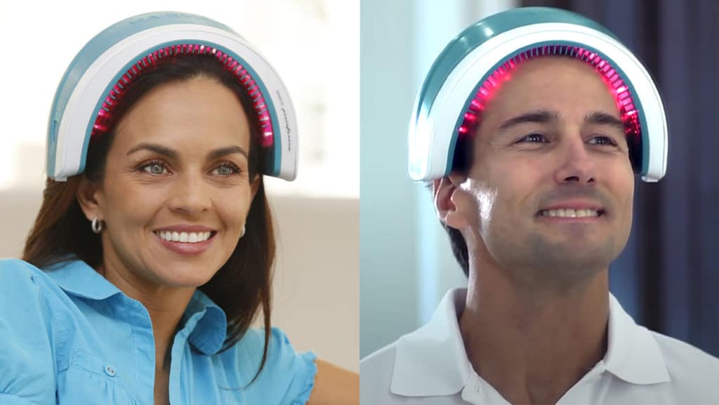 man and woman using laser band for hair regrowth